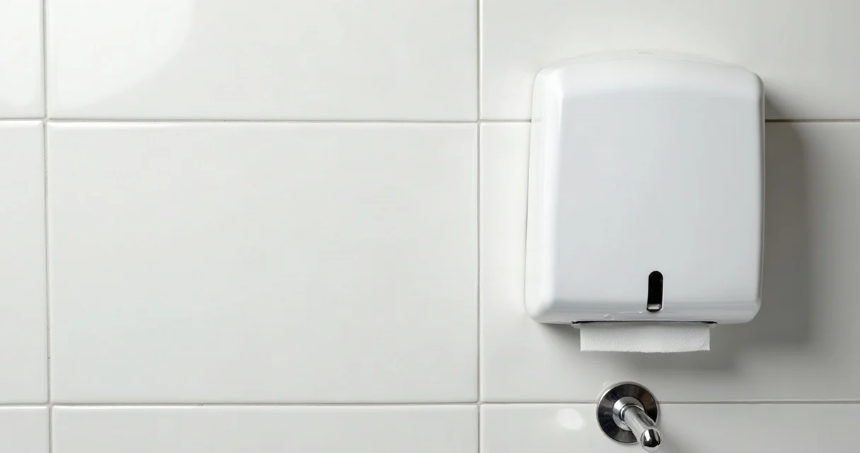 A paper towel dispenser and a hand dryer side by side in a washroom