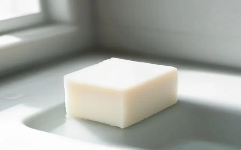 A bar of soap with lather beside a pump bottle on a sink