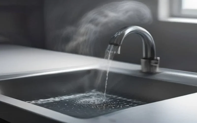 Hot water with steam pouring from a kitchen tap into a sink