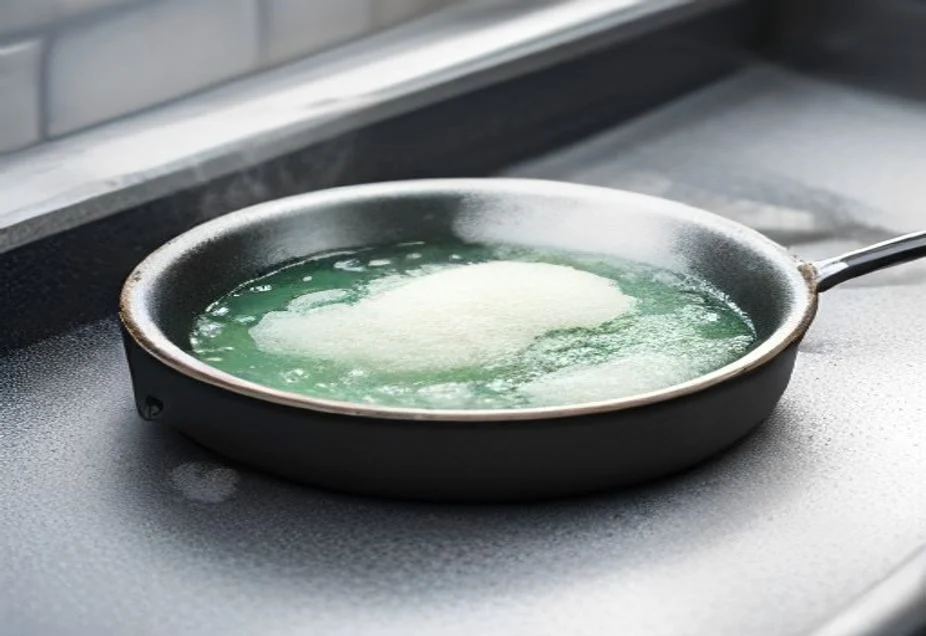 Washing a greasy frying pan in hot soapy water