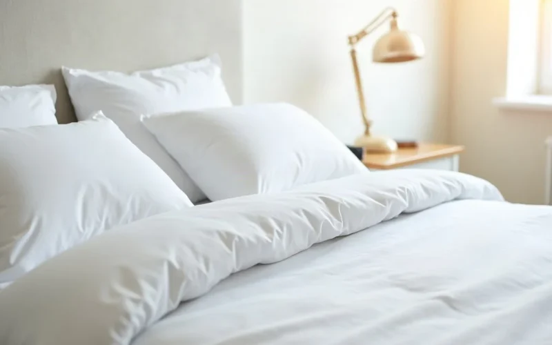 A freshly made bed with clean white bedding and pillows