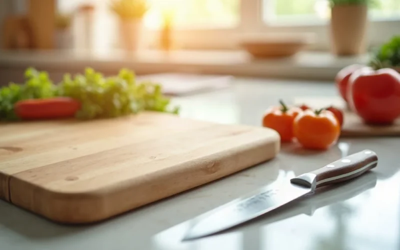 A clean wooden chopping board with a knife and vegetables