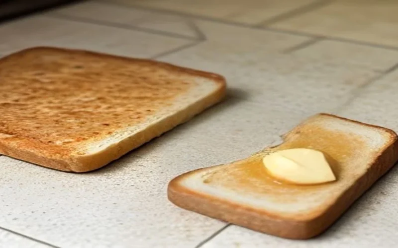 A slice of buttered toast dropped on a kitchen floor