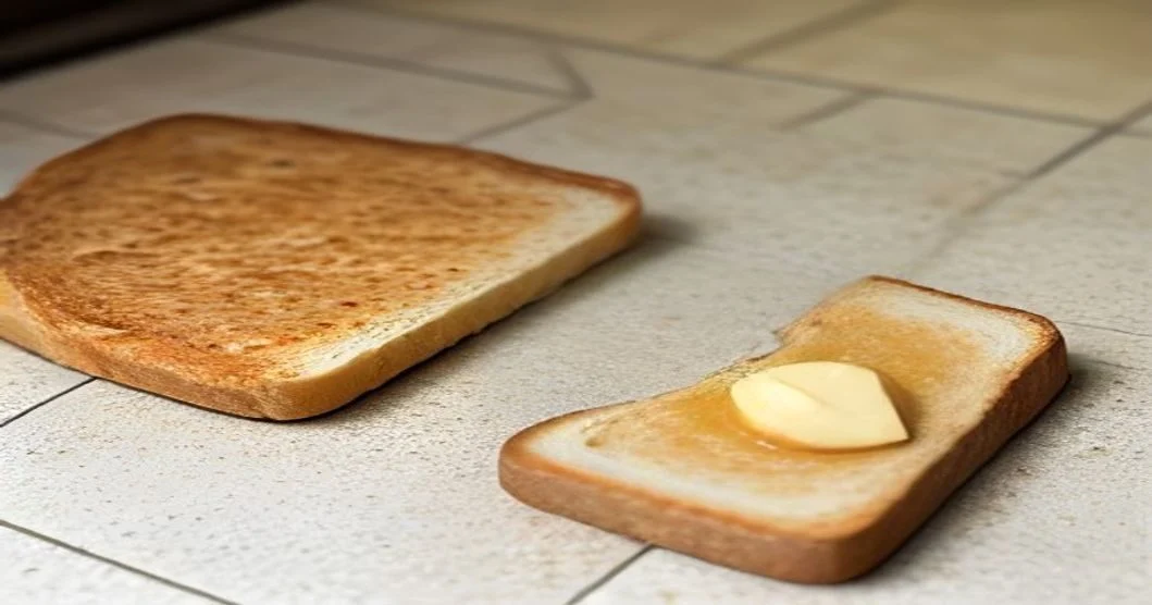 A slice of buttered toast dropped on a kitchen floor