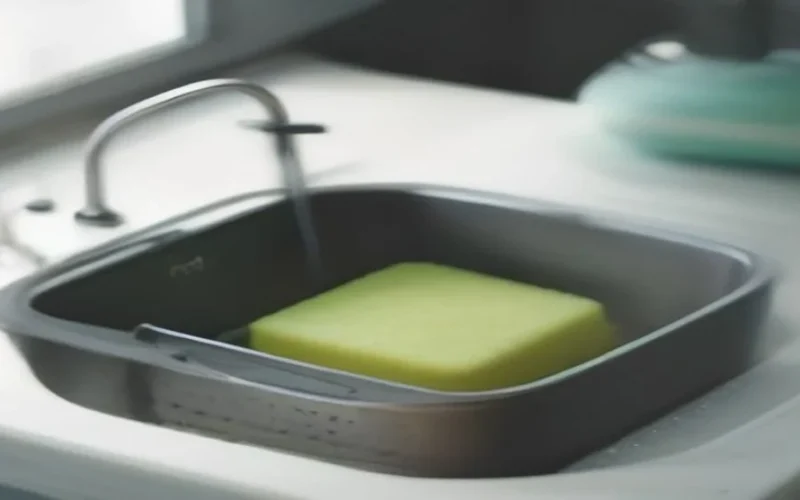 A kitchen sponge on the edge of a stainless steel sink