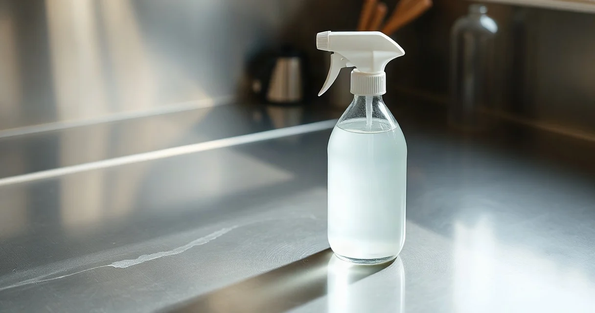 Spraying hydrogen peroxide onto a kitchen worktop and letting it dwell