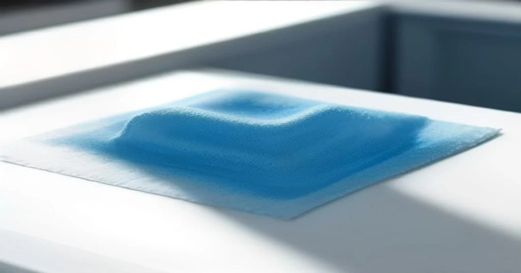 A gloved hand disinfecting a kitchen worktop, keeping the surface wet