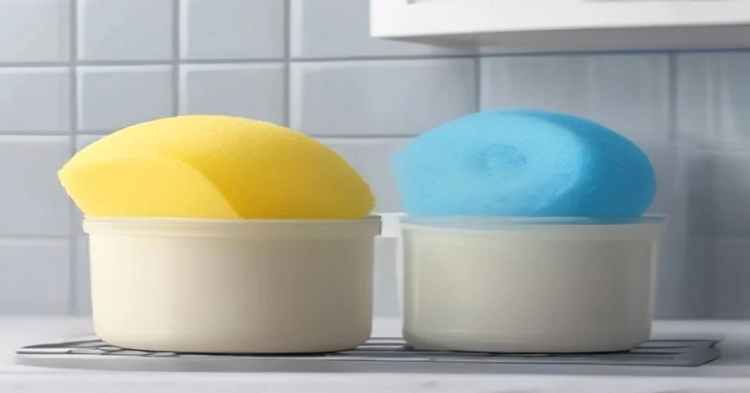 A dish brush and fresh sponge drying on a rack by the sink