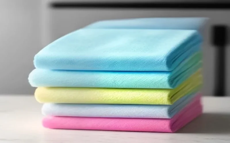 A stack of folded colourful microfibre cleaning cloths