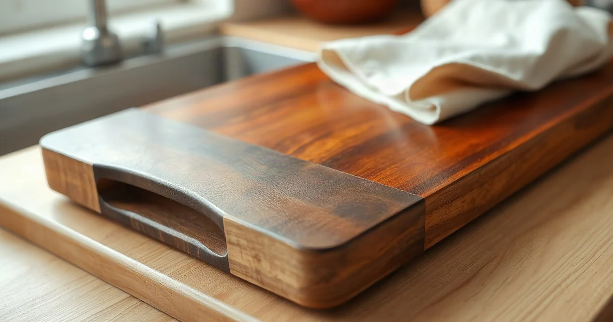 Oiling a wooden chopping board with a cloth