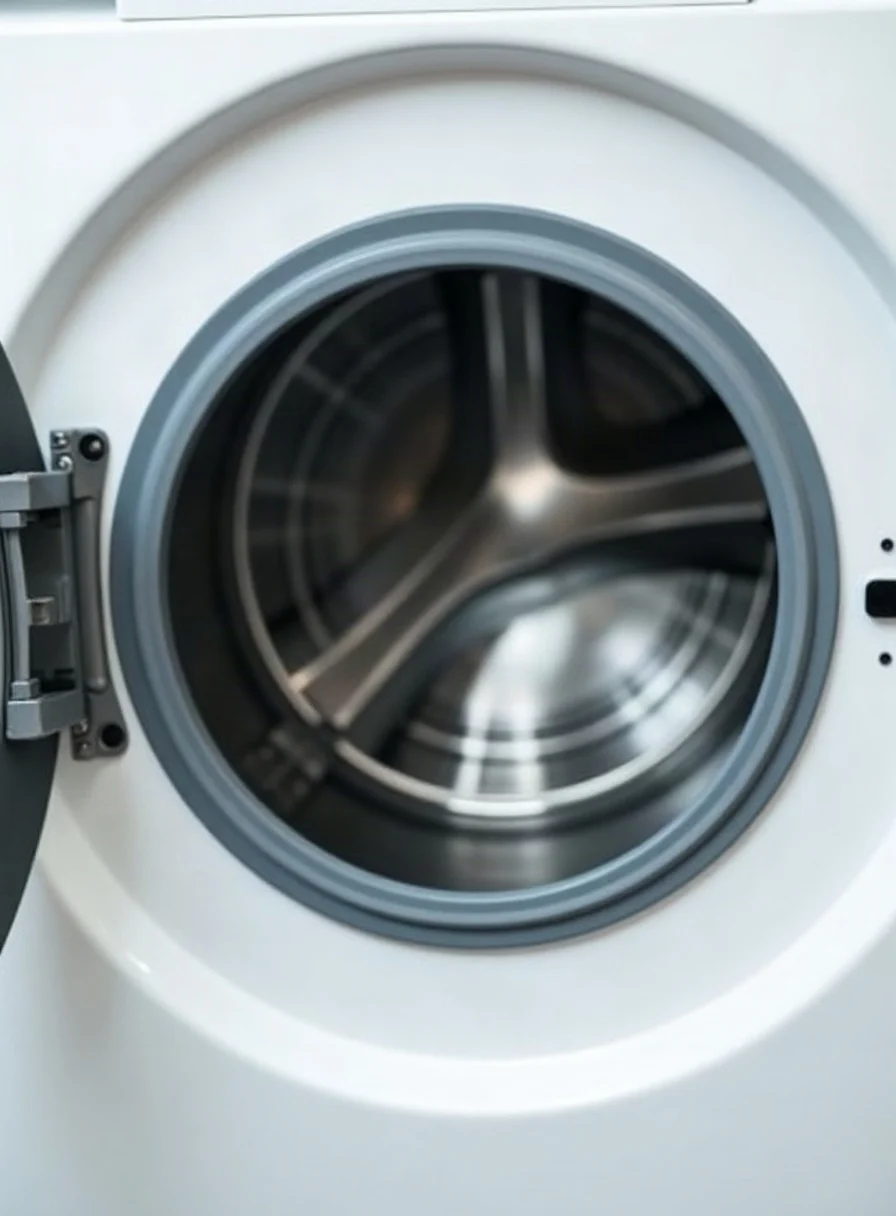 An open front-loading washing machine in a bright utility room