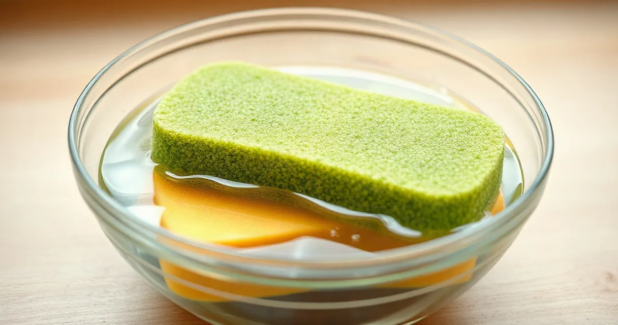 A soaking-wet sponge in a bowl of water ready to microwave