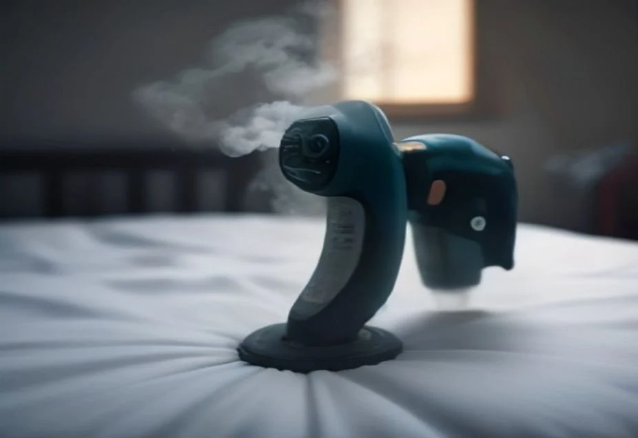 A handheld steam cleaner steaming a mattress to kill dust mites