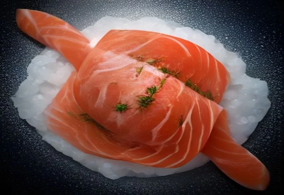 Raw salmon fillets on ice, the kind frozen to kill parasites for sushi