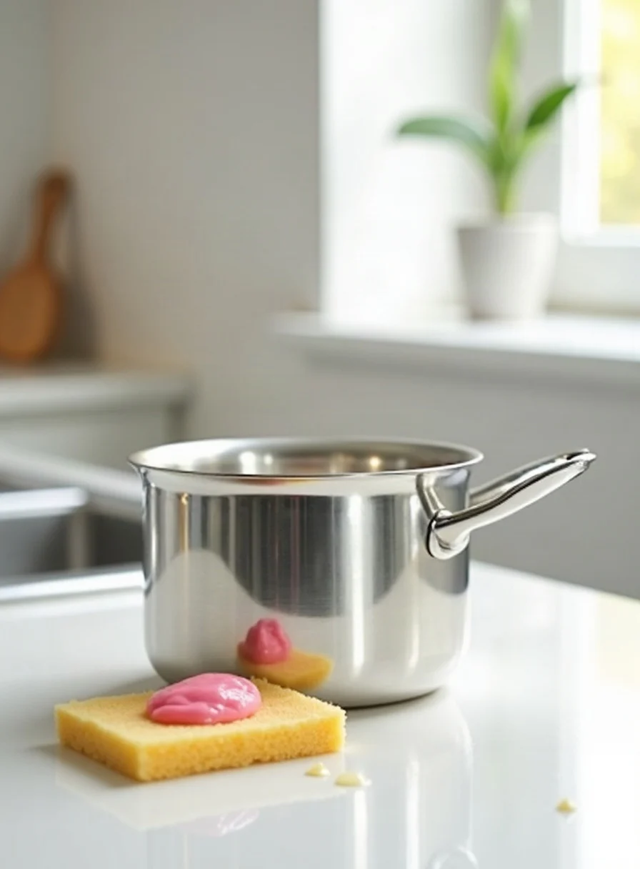 A blob of pink cleaning paste on a sponge beside a spotless stainless steel pan