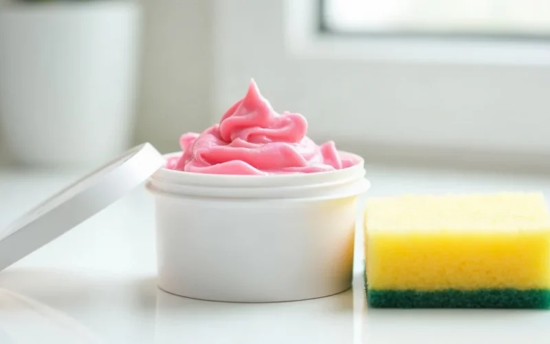 A tub of bright pink cleaning paste with a sponge on a kitchen worktop