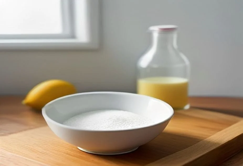 A bowl of baking soda next to a bottle of white vinegar, used separately