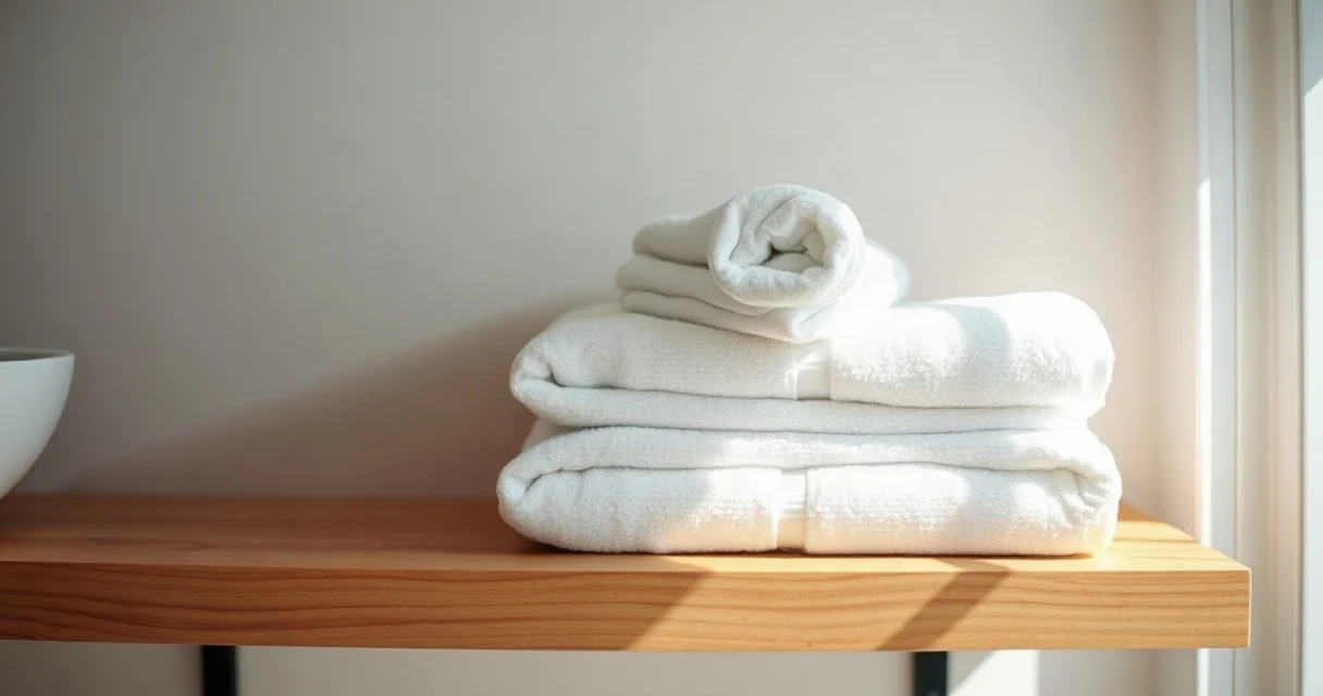 A stack of neatly folded clean bath towels