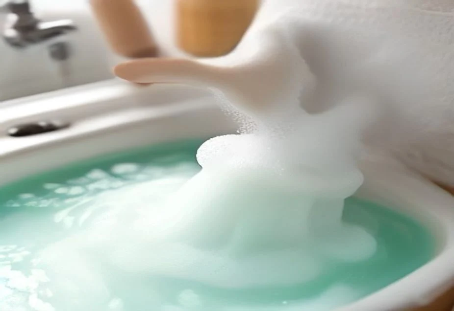 Two soapy hands being washed under a running tap