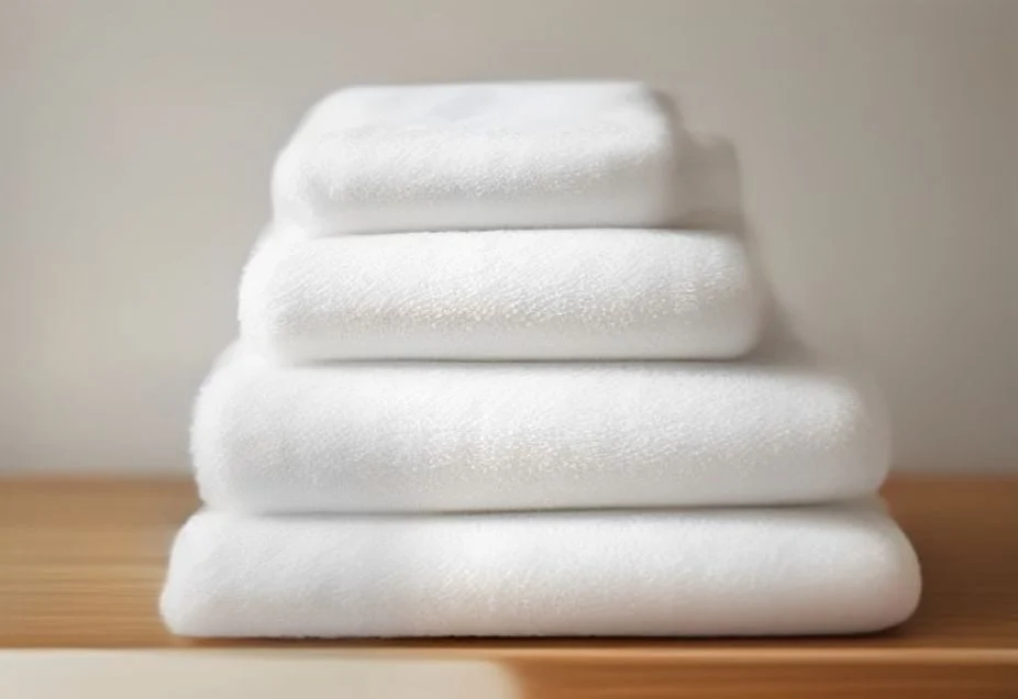 Freshly washed white towels and bed sheets folded on a shelf