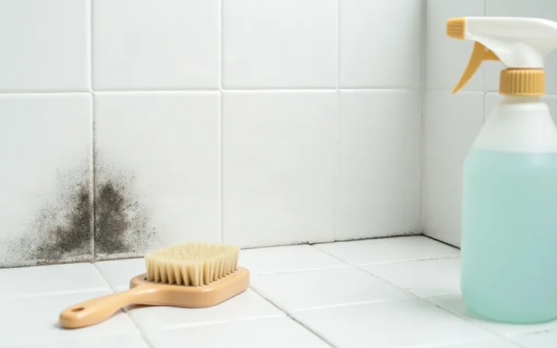 Mould on white bathroom tile grout with a spray bottle and scrubbing brush