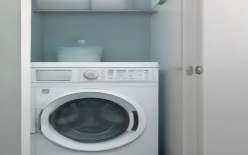 A washing machine with folded white towels stacked on top