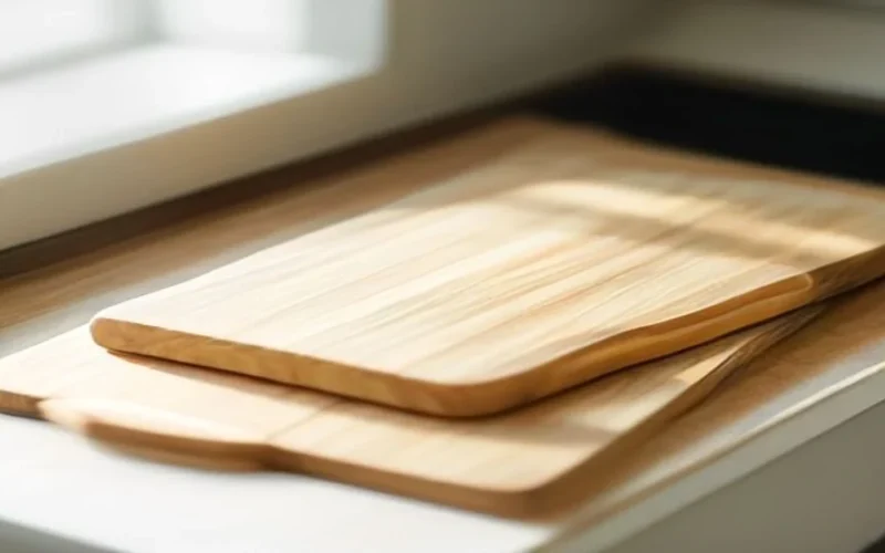 A wooden chopping board and a plastic chopping board side by side