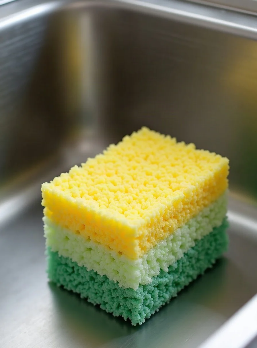 A kitchen sponge by the sink