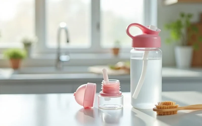 A reusable water bottle taken apart for cleaning