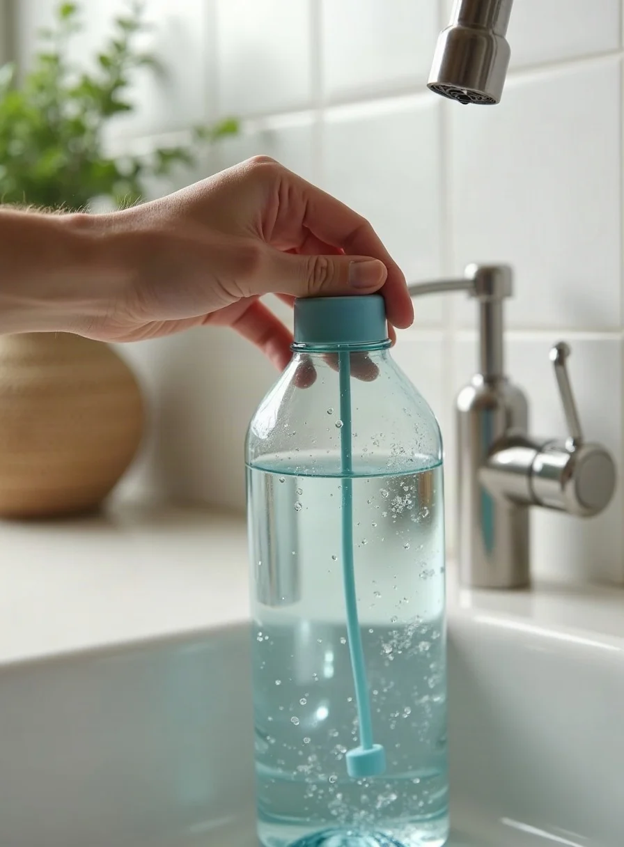 Cleaning a water bottle with a bottle brush