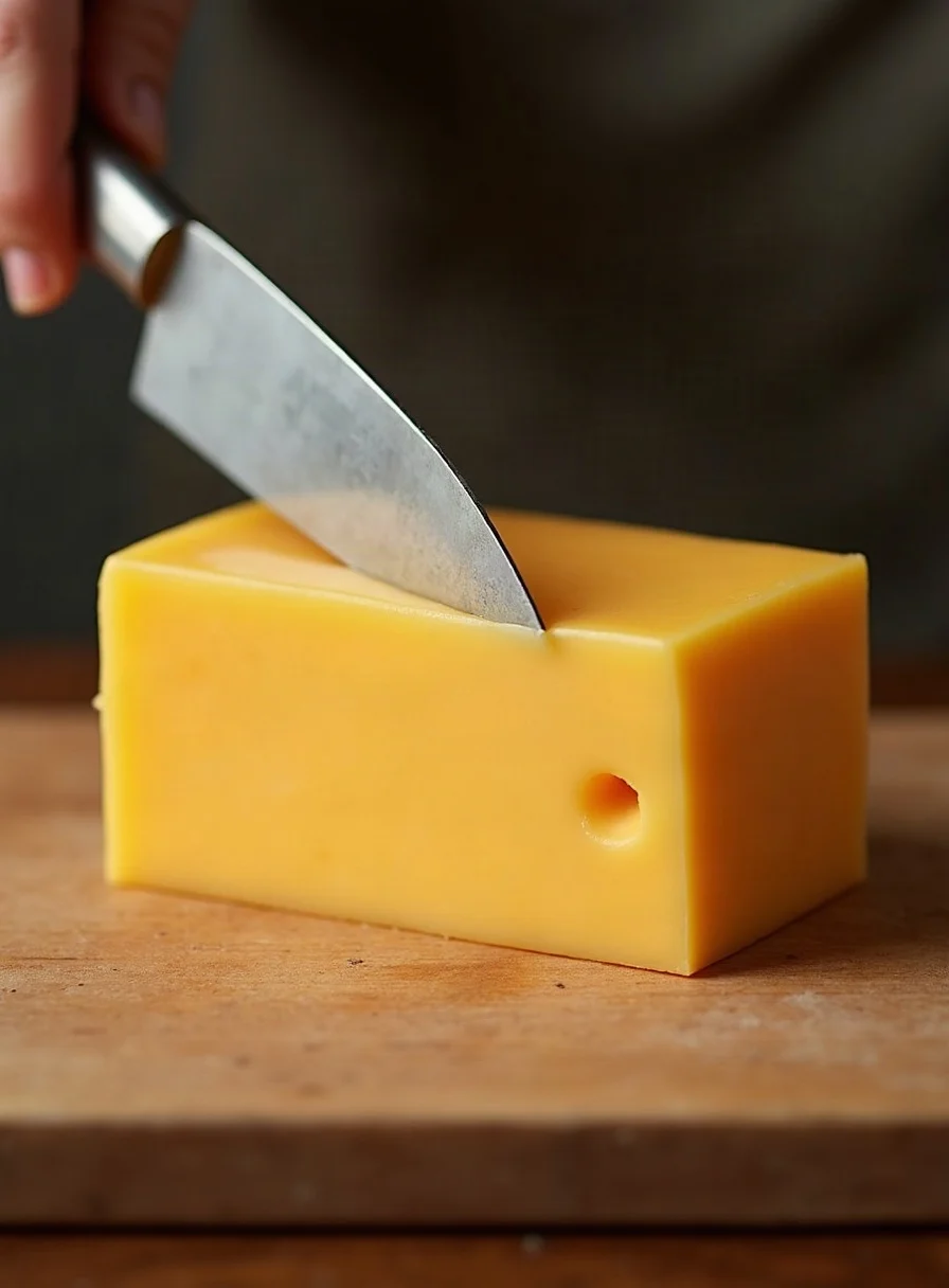 Cutting mould off a block of hard cheese