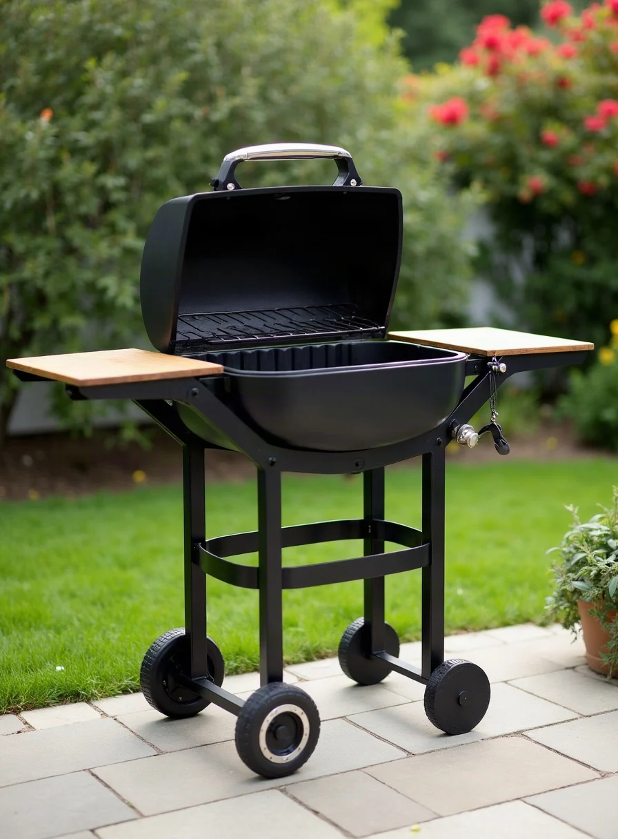 A clean modern barbecue grill on a garden patio