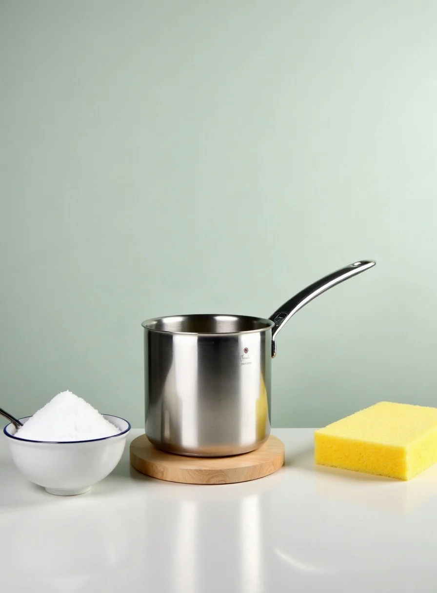 A clean stainless steel pan with sponge and baking soda