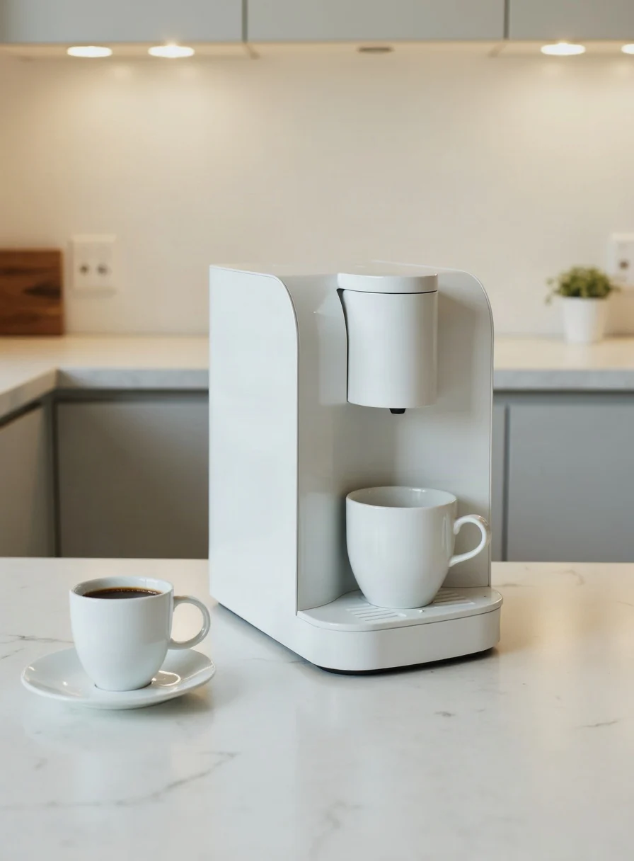 A clean coffee pod machine beside a cup of espresso