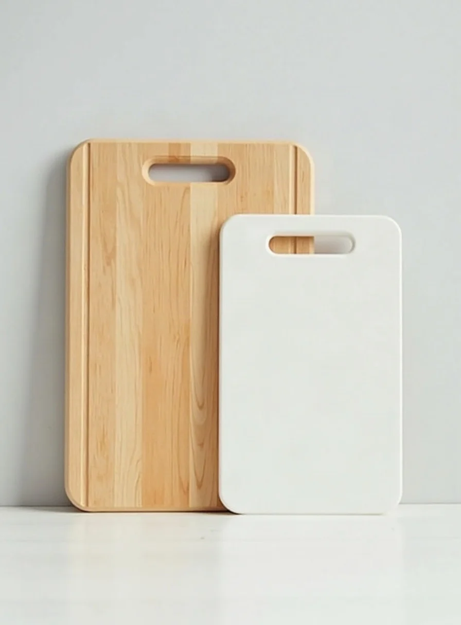 A clean wooden and plastic chopping board side by side