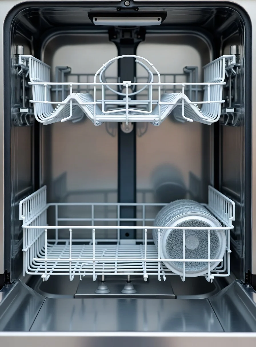 The clean empty interior of an open dishwasher