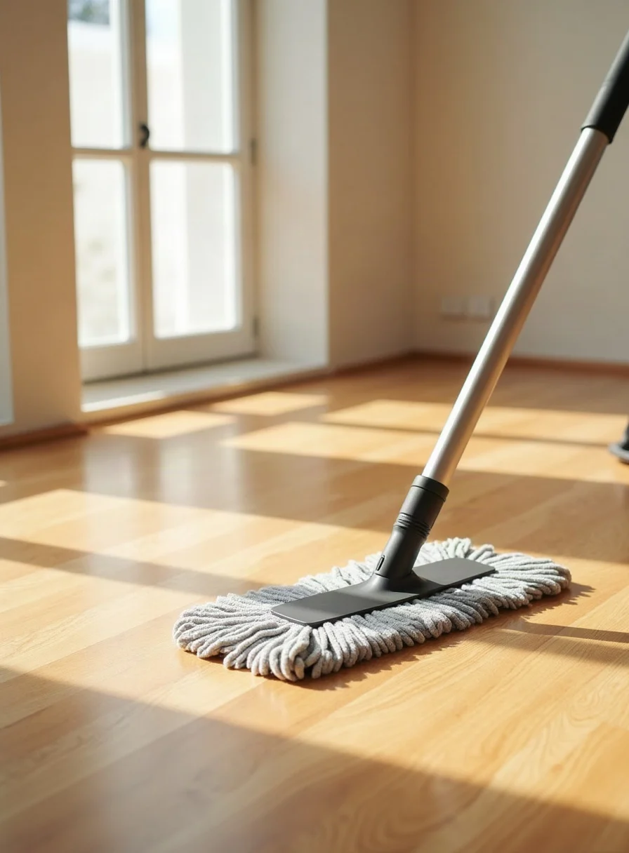 A clean hardwood floor with a flat microfibre mop