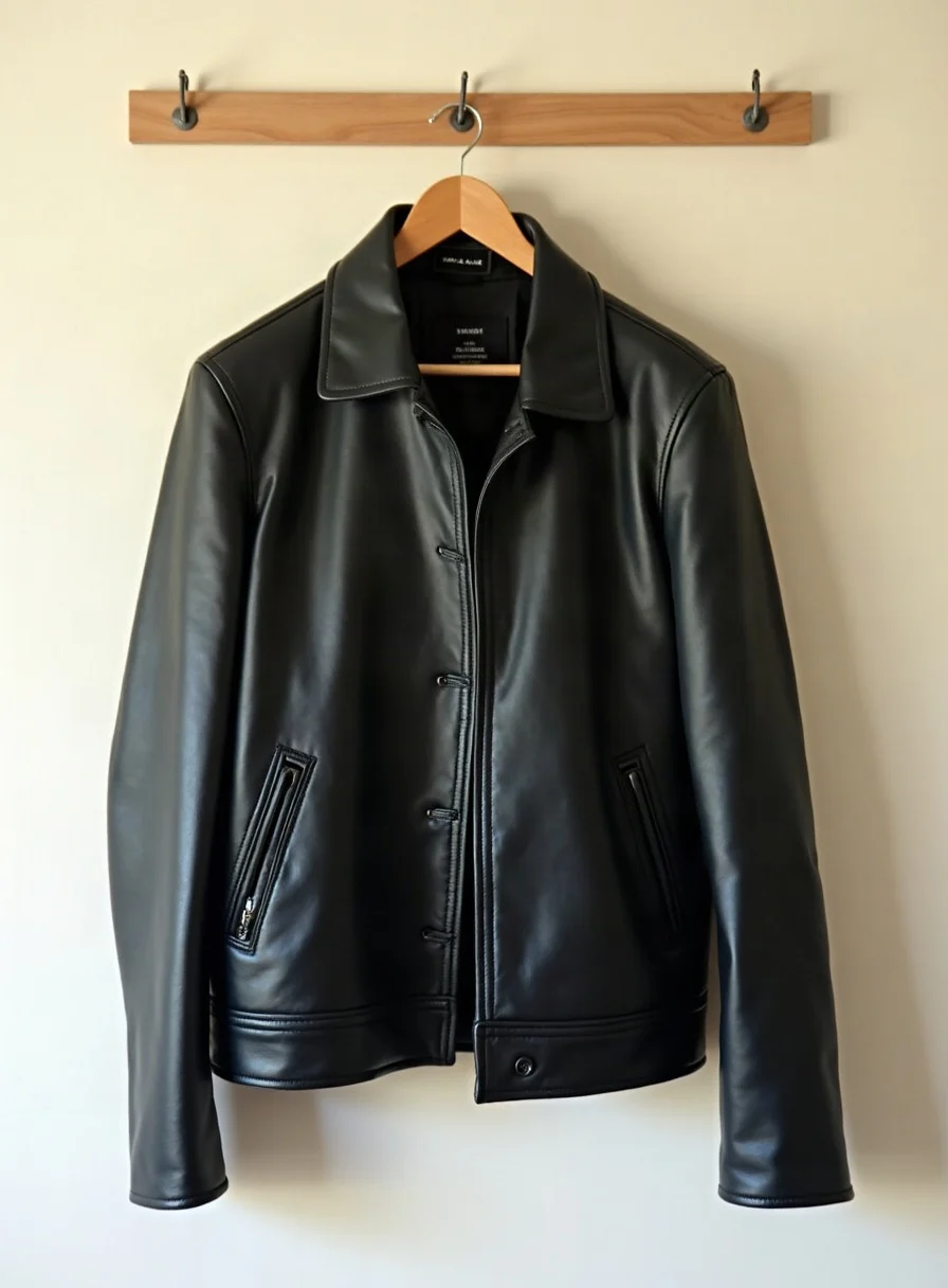 A clean conditioned black leather jacket on a hanger