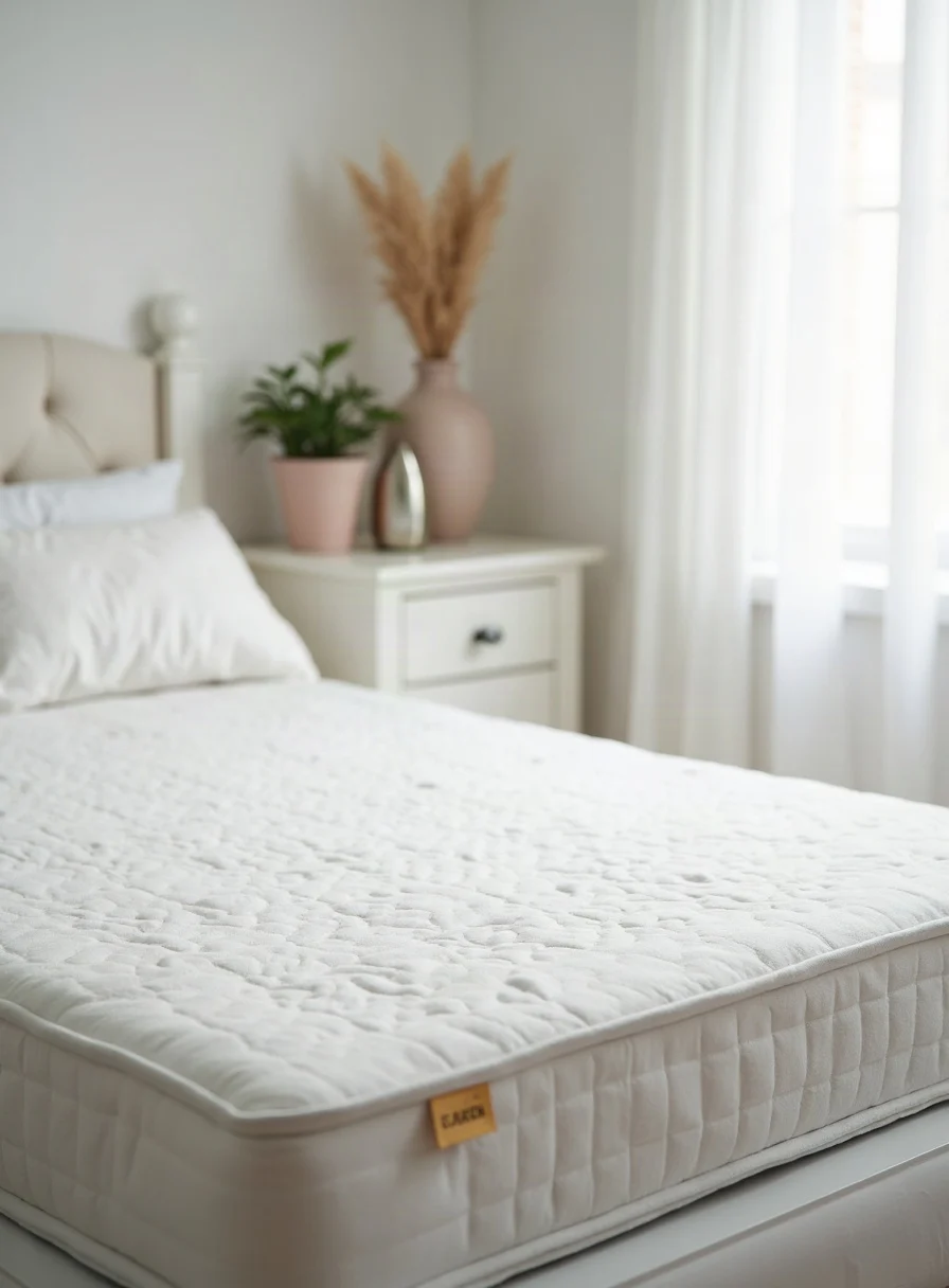 A clean fresh white mattress in a bright bedroom