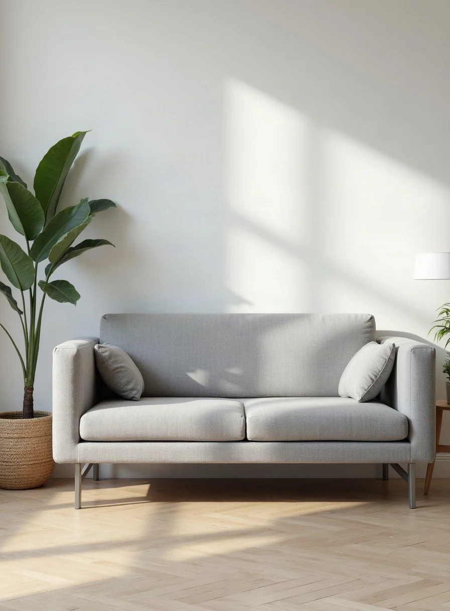 A clean grey microfibre sofa in a bright room
