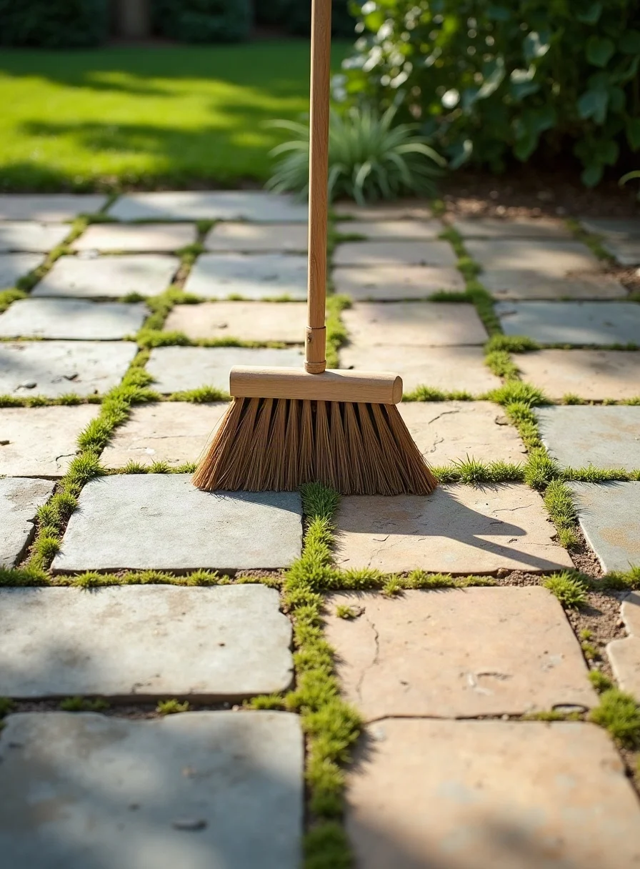 A patio half cleaned showing the before and after contrast