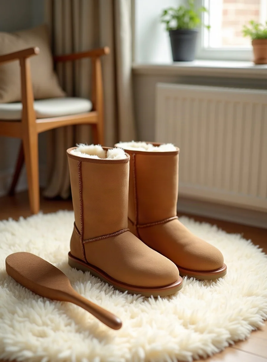 Clean sheepskin suede boots beside a suede brush