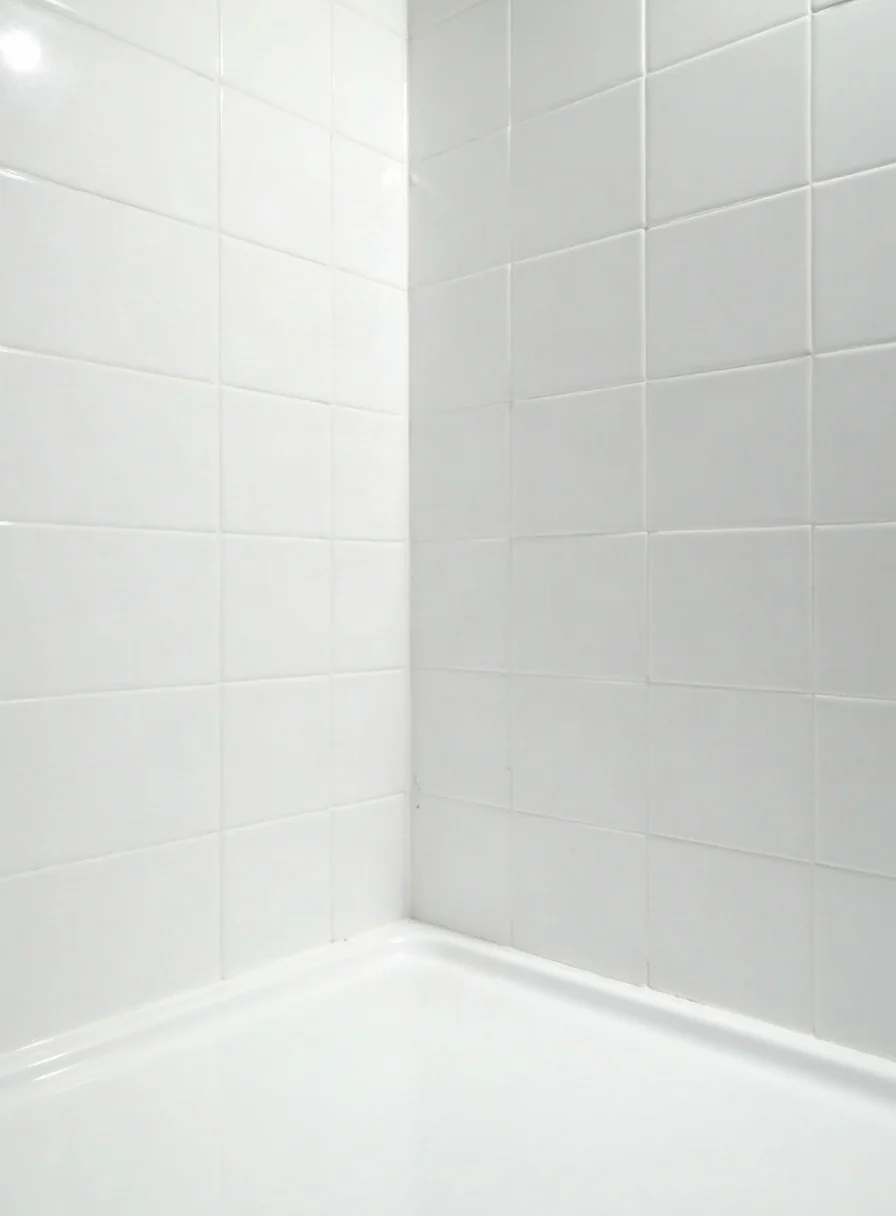 A pristine clean shower corner with brilliant white grout and silicone