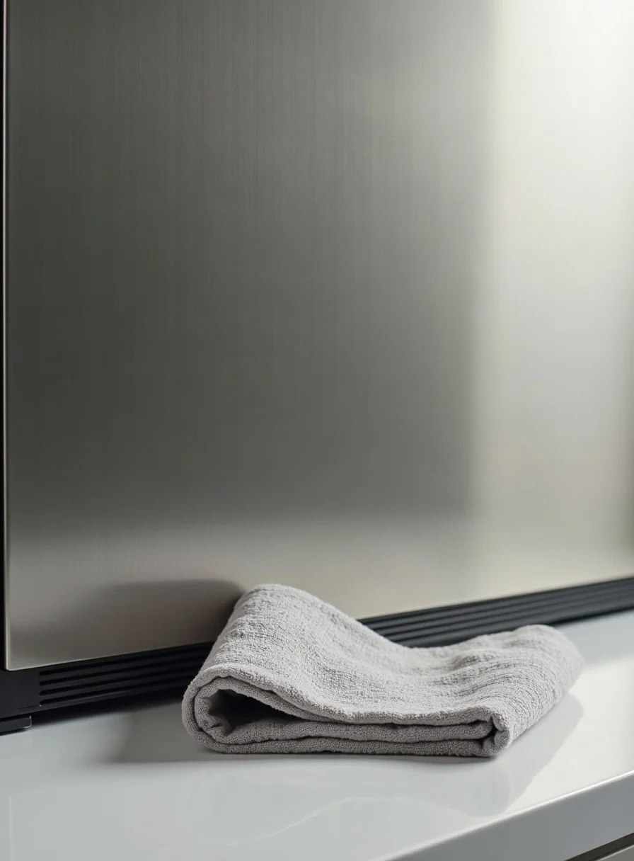 A gleaming stainless steel surface with a microfibre cloth