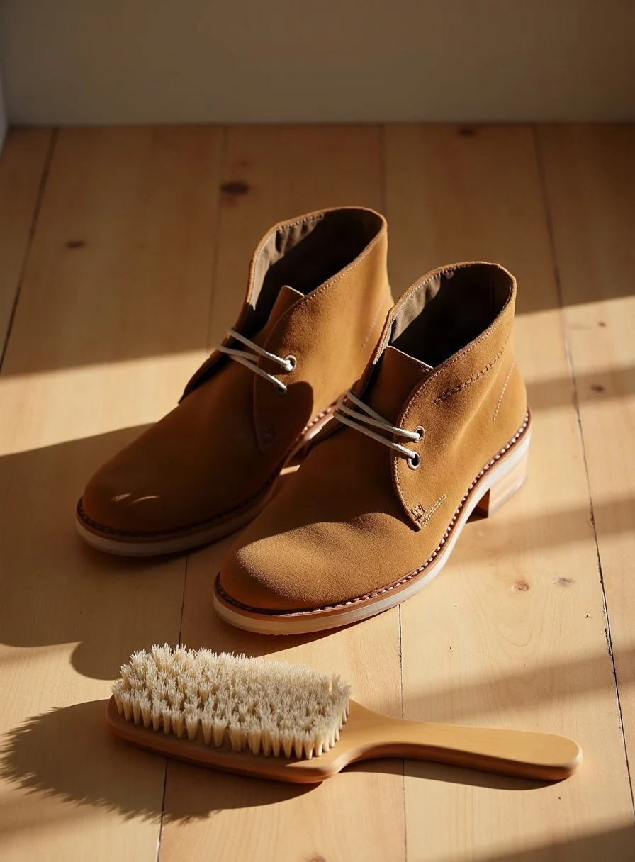 Clean tan suede boots beside a suede brush