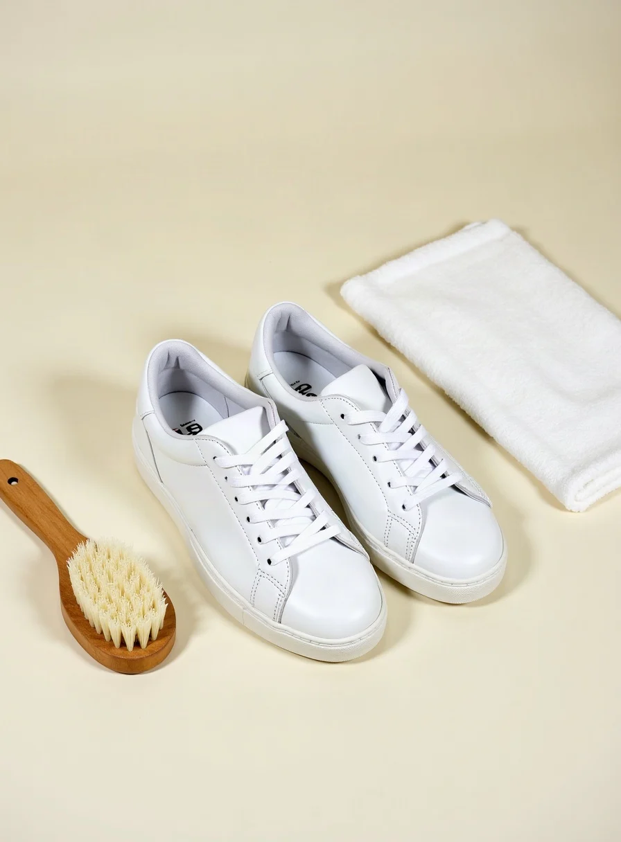 Clean trainers beside a shoe brush and cloth