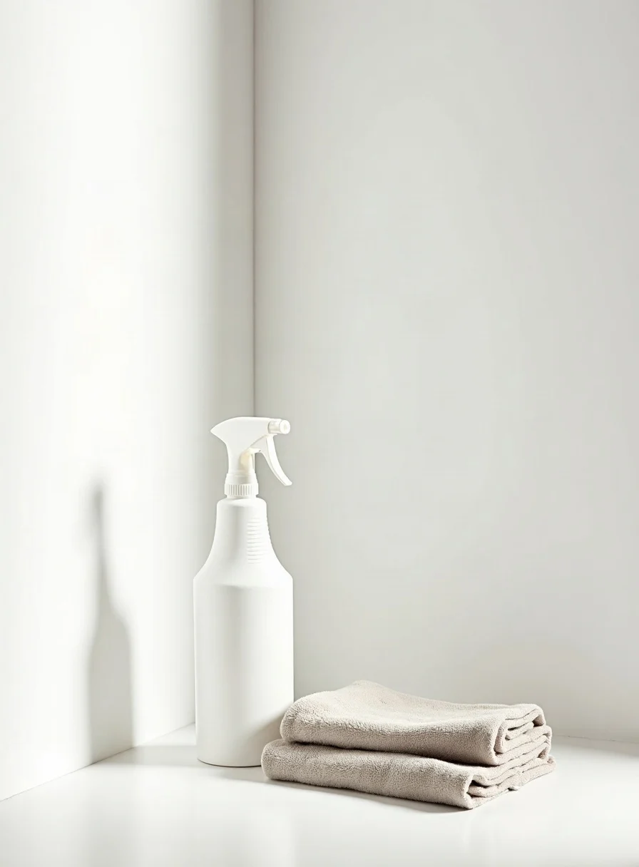 A clean mould-free wall with a spray bottle and cloth
