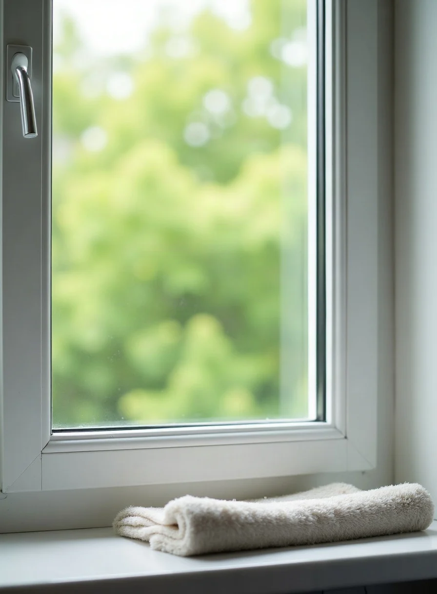 A streak-free clean window with a squeegee on the sill