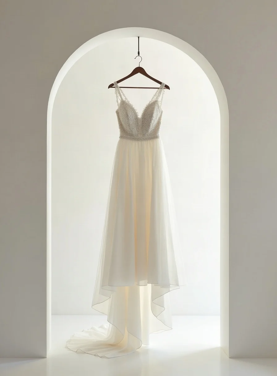 A wedding dress on a hanger