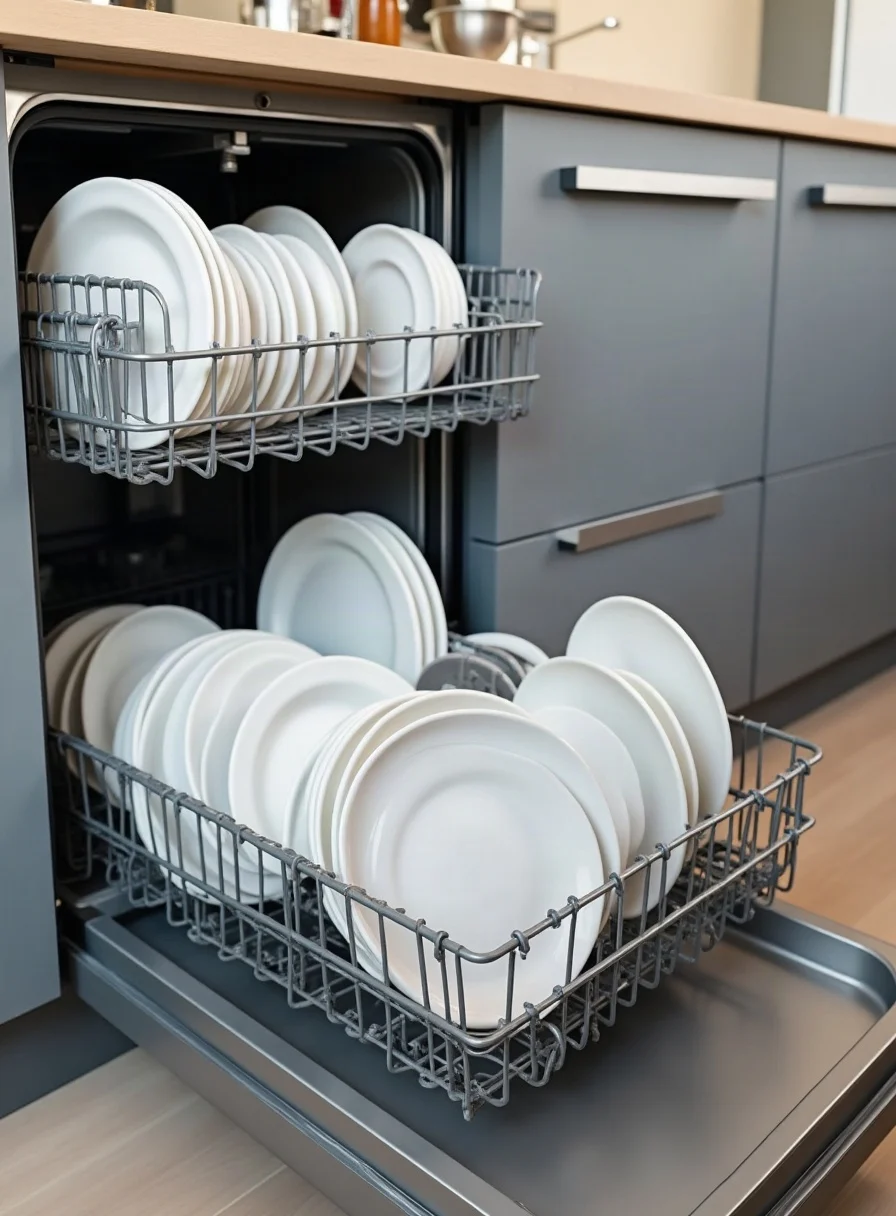 An open dishwasher with clean dishes